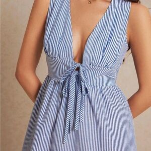 Blue and White Striped Sleeveless Dress